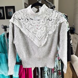 Zara Gray and White Turtleneck Sweater with Elegant Lace